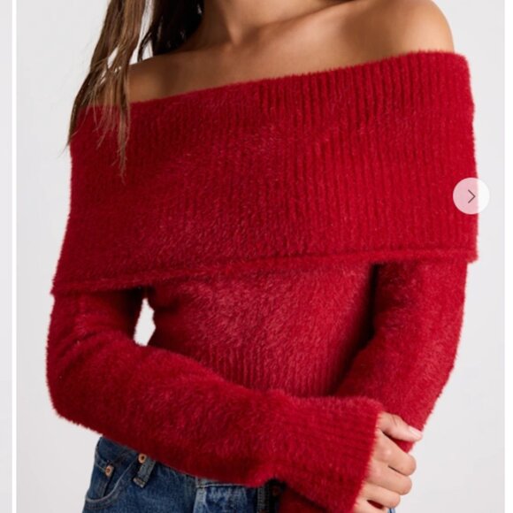 Ravenna Red Eyelash Knit Off-the-Shoulder Sweater Top Lulus SMALL - Picture 2 of 4